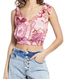 Free People Weekend In Montauk Tank Top Large Smocked Crop Tie Strap NWT Pink